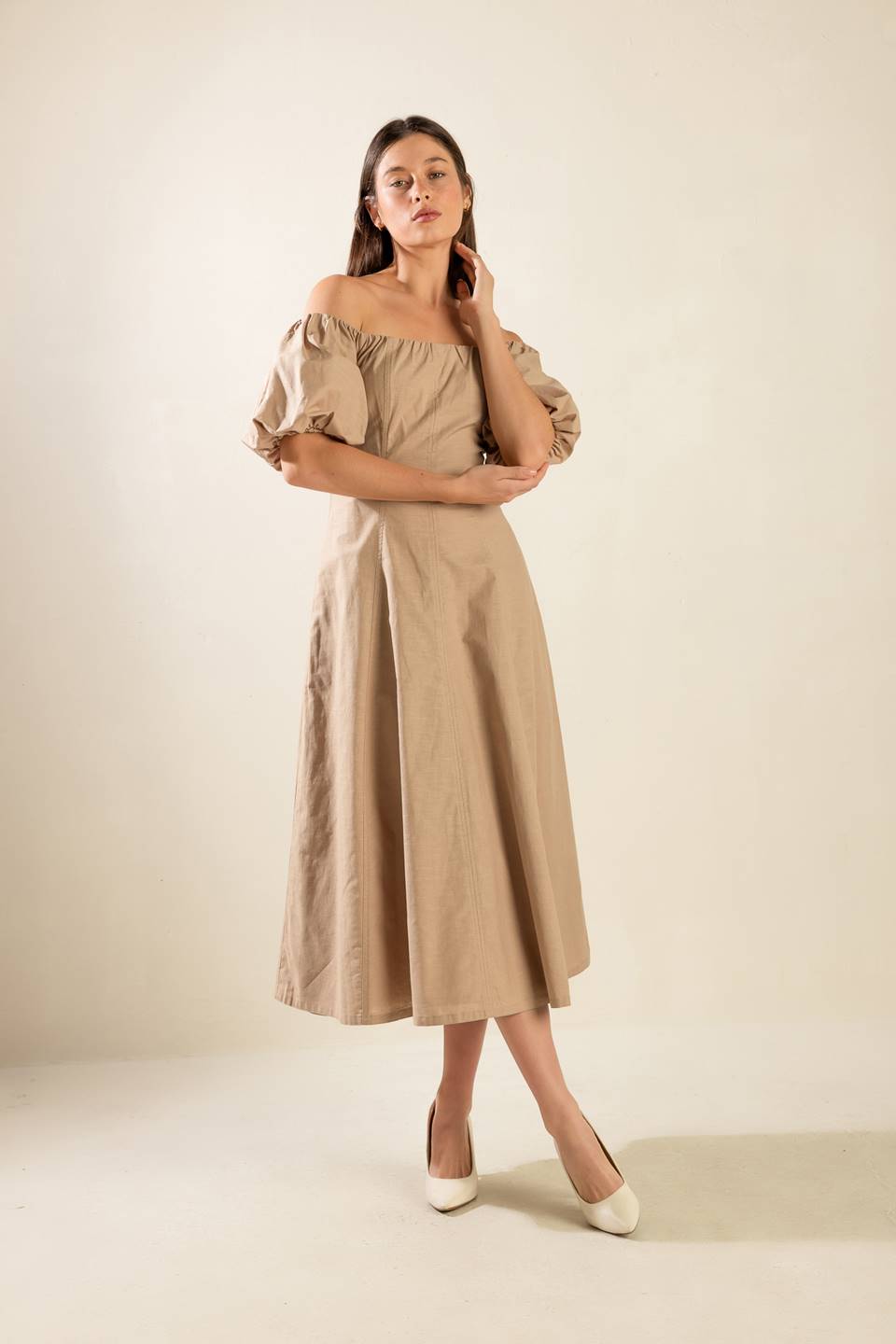 PROTECTING MY PEACE TAUPE WOVEN MIDI DRESS Flying Tomato